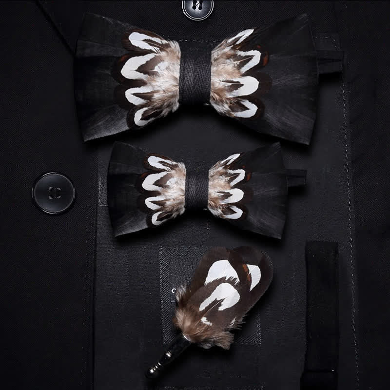Kid's Black & White Pattern Feather Bow Tie with Lapel Pin - Image 5
