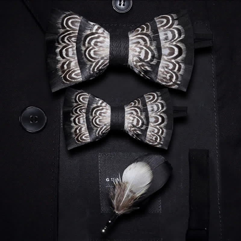 Kid's Black & White Tiger Stripes Feather Bow Tie with Lapel Pin - Image 4