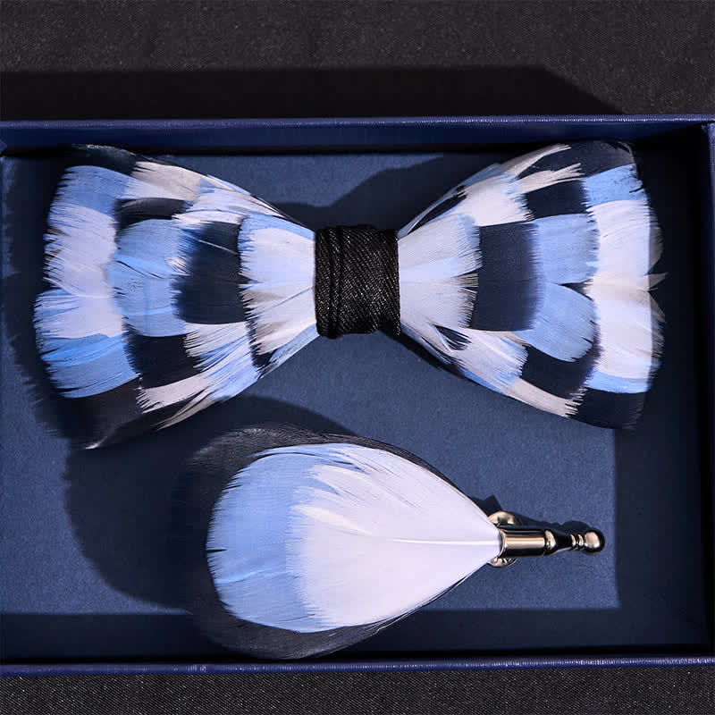 Kid's Blue & White Checkerboard Feather Bow Tie with Lapel Pin - Image 4
