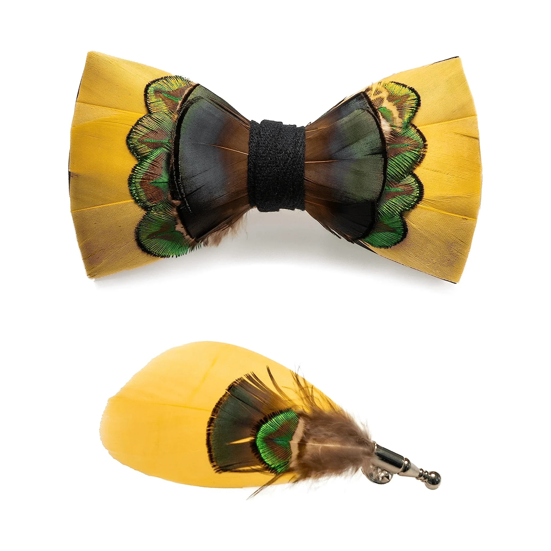 Kid's Bright Yellow & Green Peacock Feather Bow Tie with Lapel Pin - Image 5