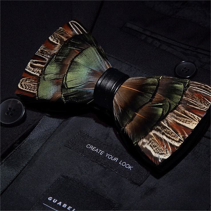Kid's Brown & Green Forest Retro Feather Bow Tie with Lapel Pin - Image 2