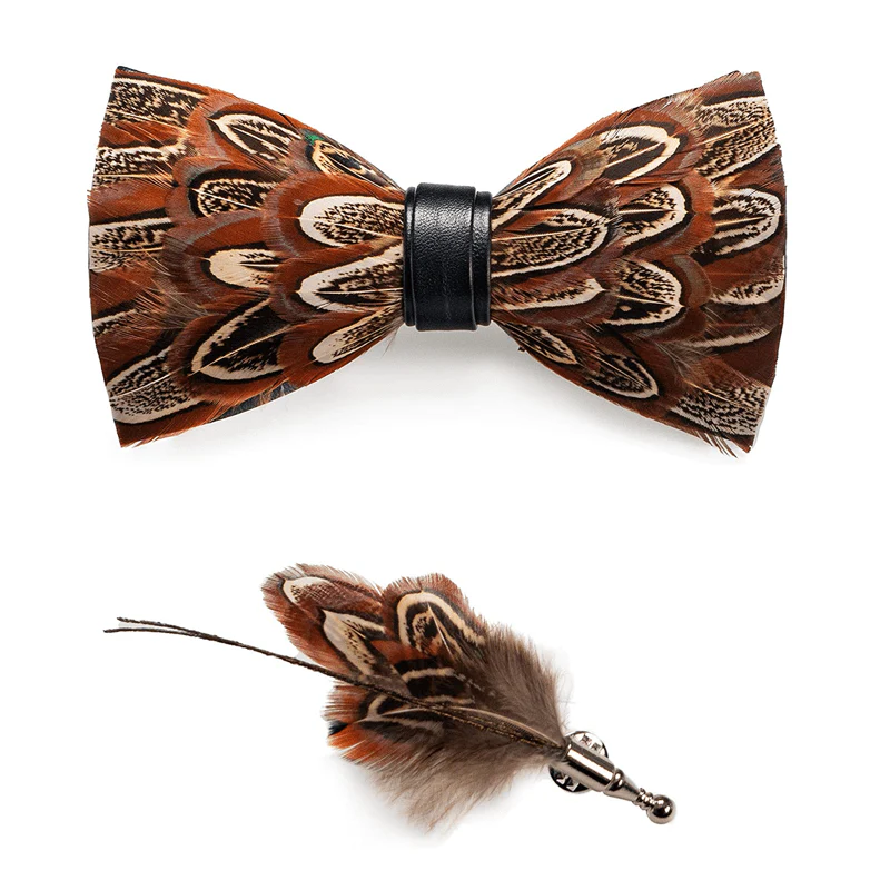 Kid's Brown Pheasant Feather Bow Tie with Lapel Pin - Image 5