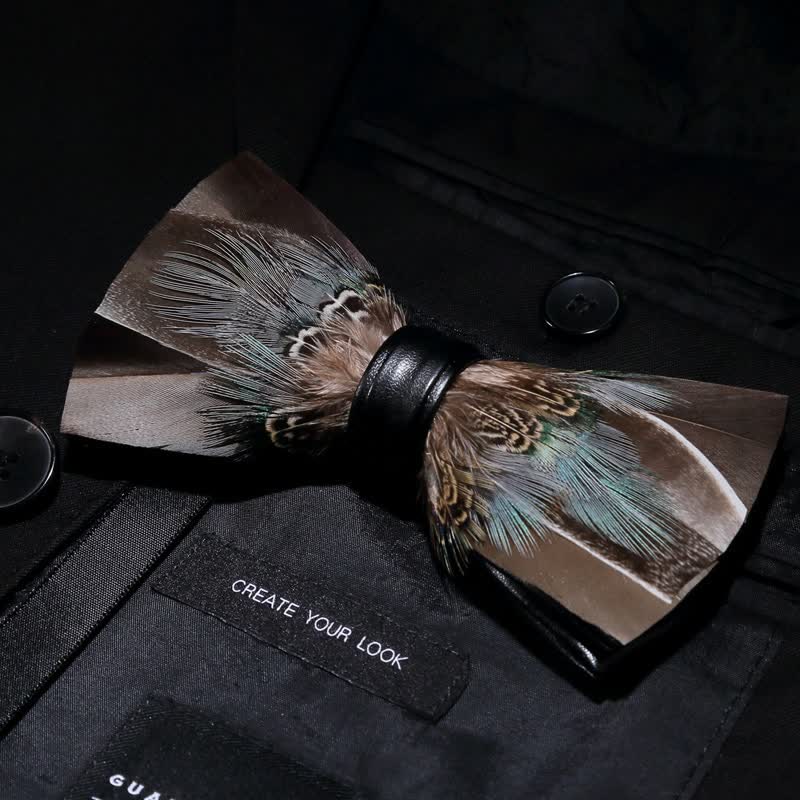 Kid's Brown Rustic Feather Bow Tie with Lapel Pin - Image 2