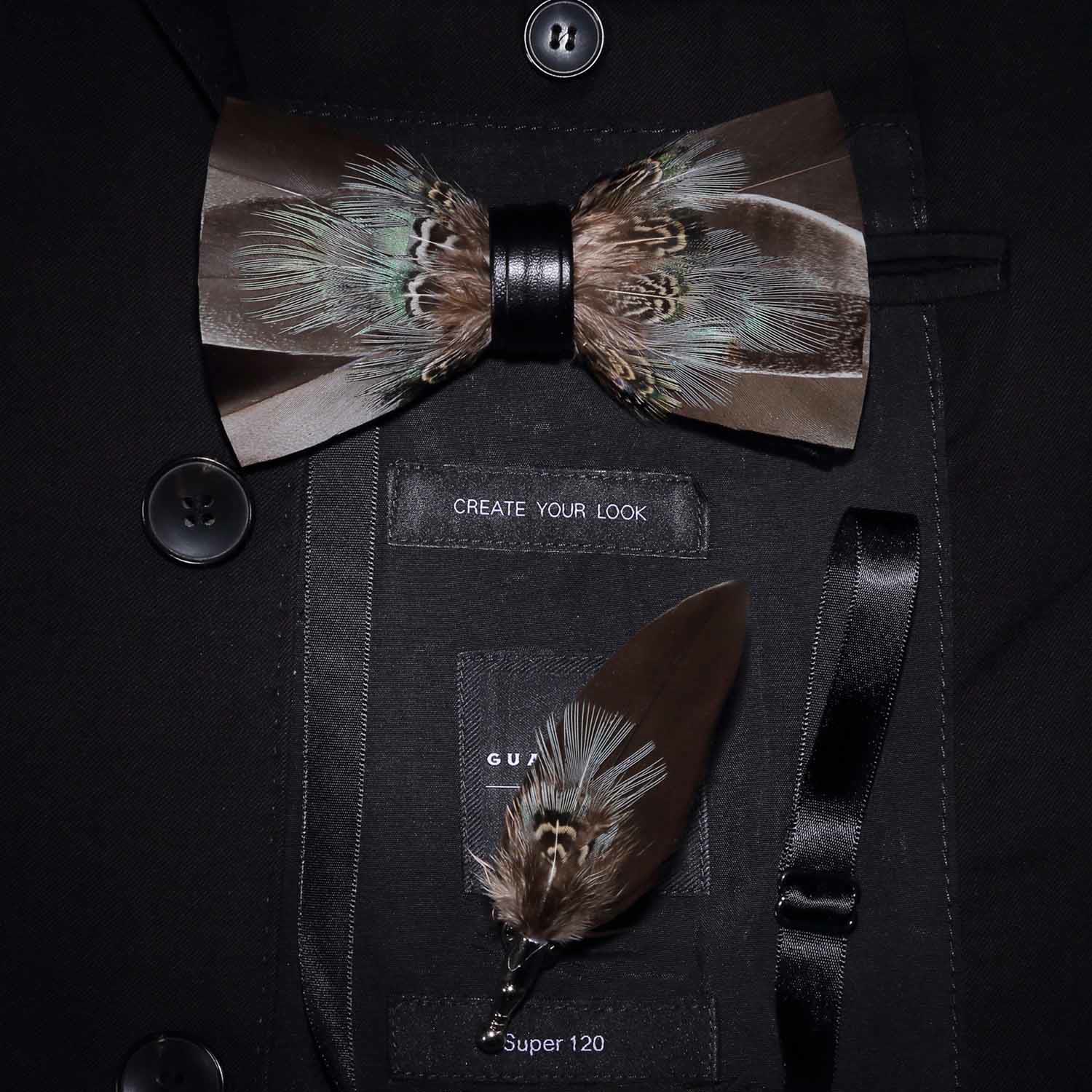 Kid's Brown Rustic Feather Bow Tie with Lapel Pin - Image 3