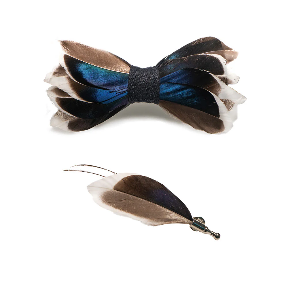 Kid's DarkBlue & Brown Graceful Feather Bow Tie with Lapel Pin - Image 5