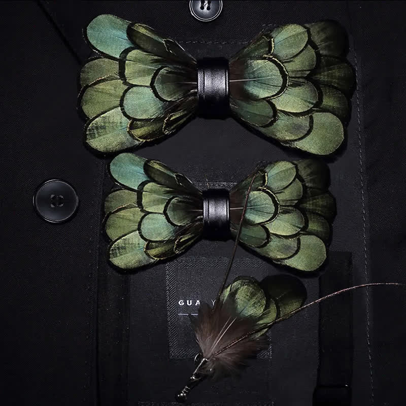 Kid's DarkOliveGreen Classic Feather Bow Tie with Lapel Pin - Image 6