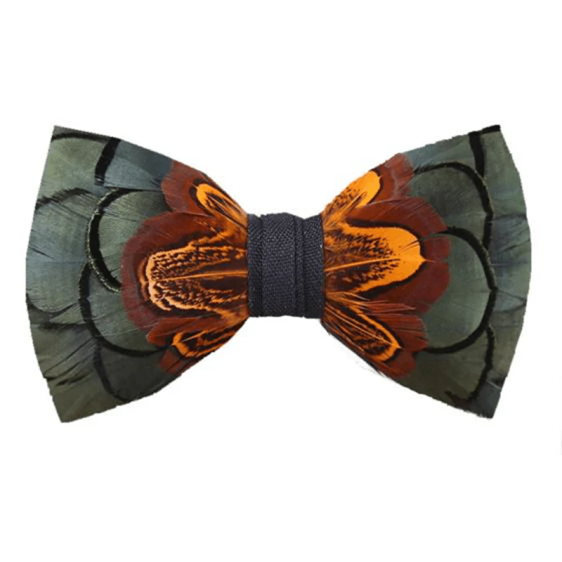 Kid's DarkSeaGreen & Rust Feather Bow Tie with Lapel Pin - Image 2