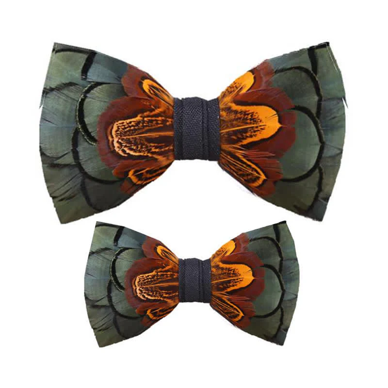 Kid's DarkSeaGreen & Rust Feather Bow Tie with Lapel Pin - Image 3