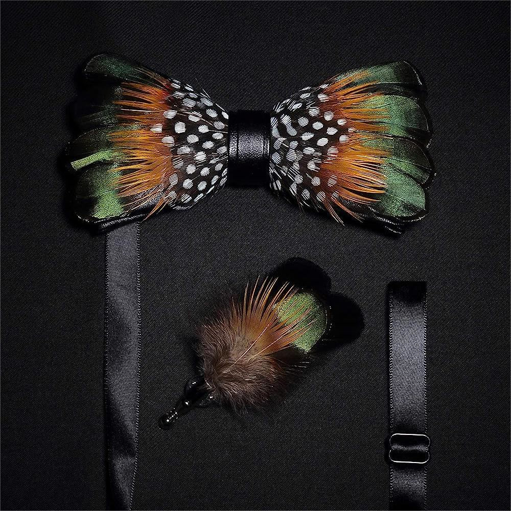 Kid's ForestGreen & Orange Vintage Feather Bow Tie with Lapel Pin - Image 3