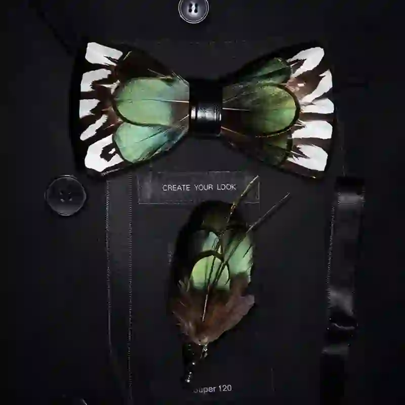 Kid's ForestGreen & White Feather Bow Tie with Lapel Pin - Image 3