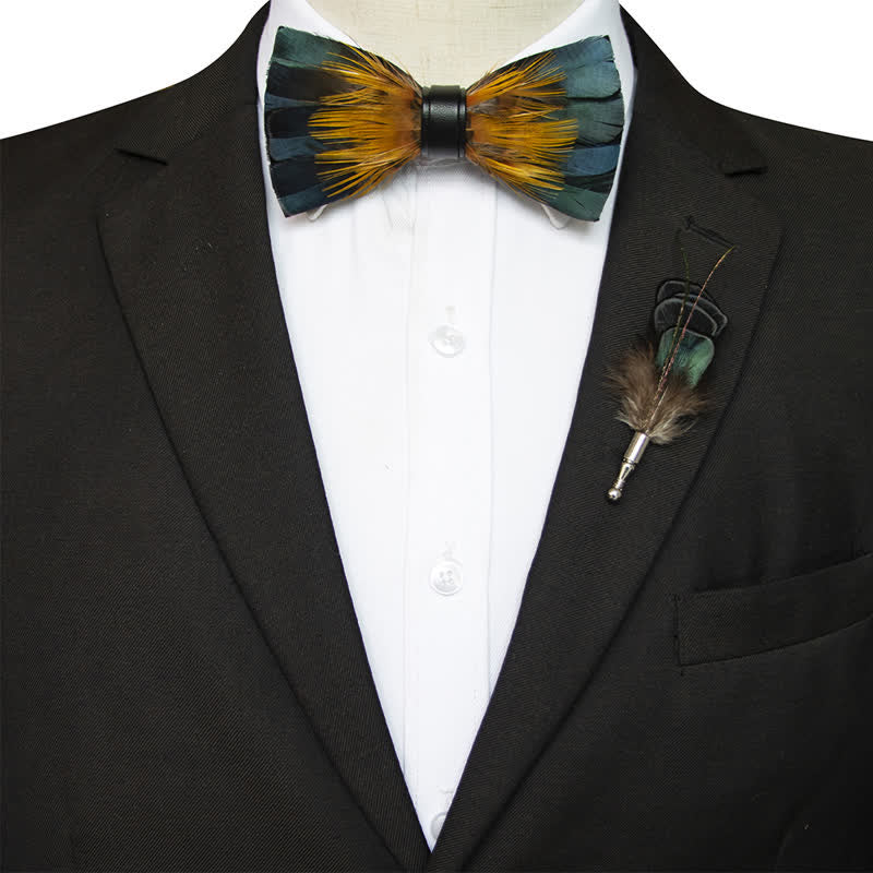 Kid's ForestGreen & Yellow Kingfisher Feather Bow Tie with Lapel Pin - Image 4