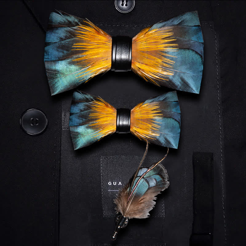Kid's ForestGreen & Yellow Kingfisher Feather Bow Tie with Lapel Pin - Image 7