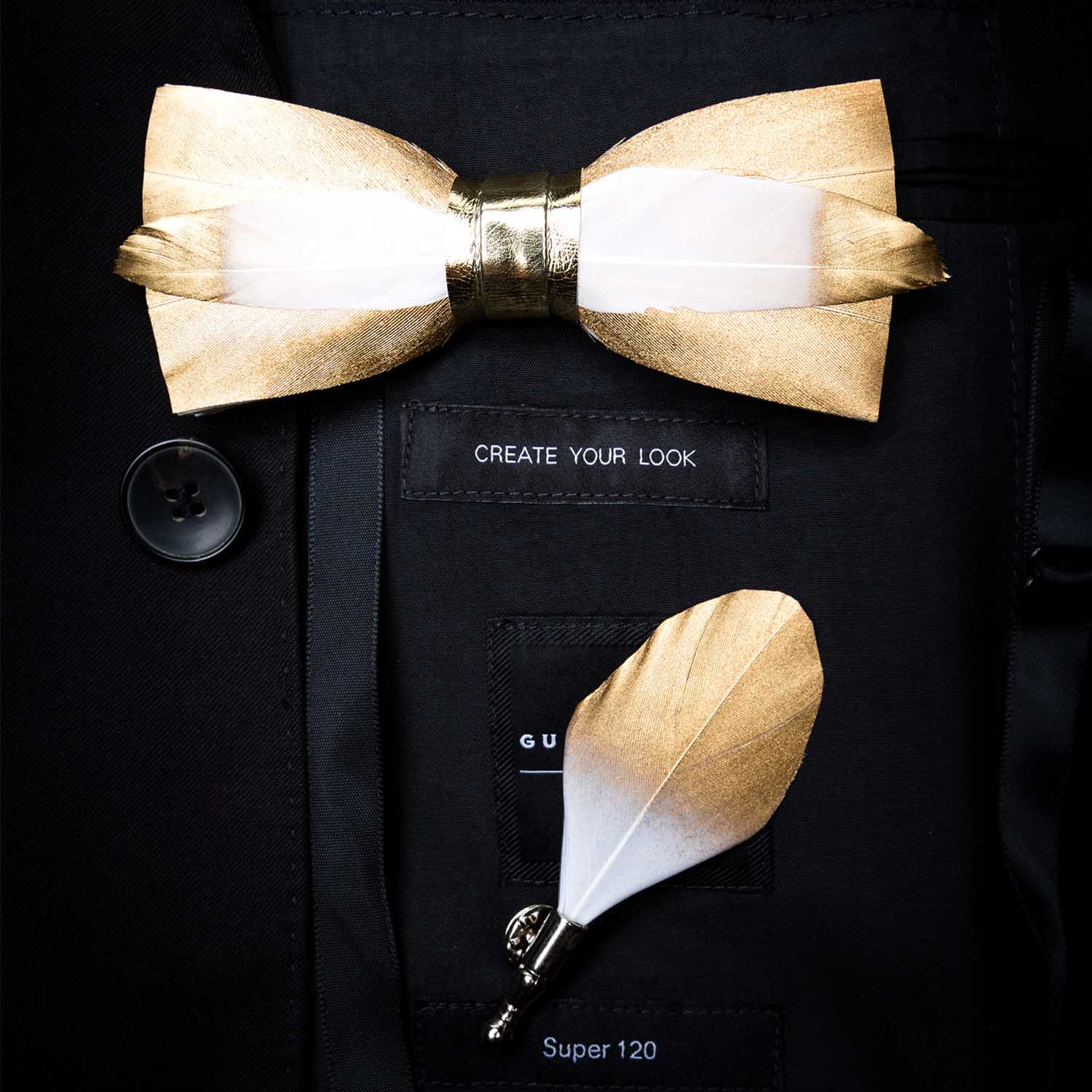 Kid's Gold & White Butterscotch Feather Bow Tie with Lapel Pin - Image 4