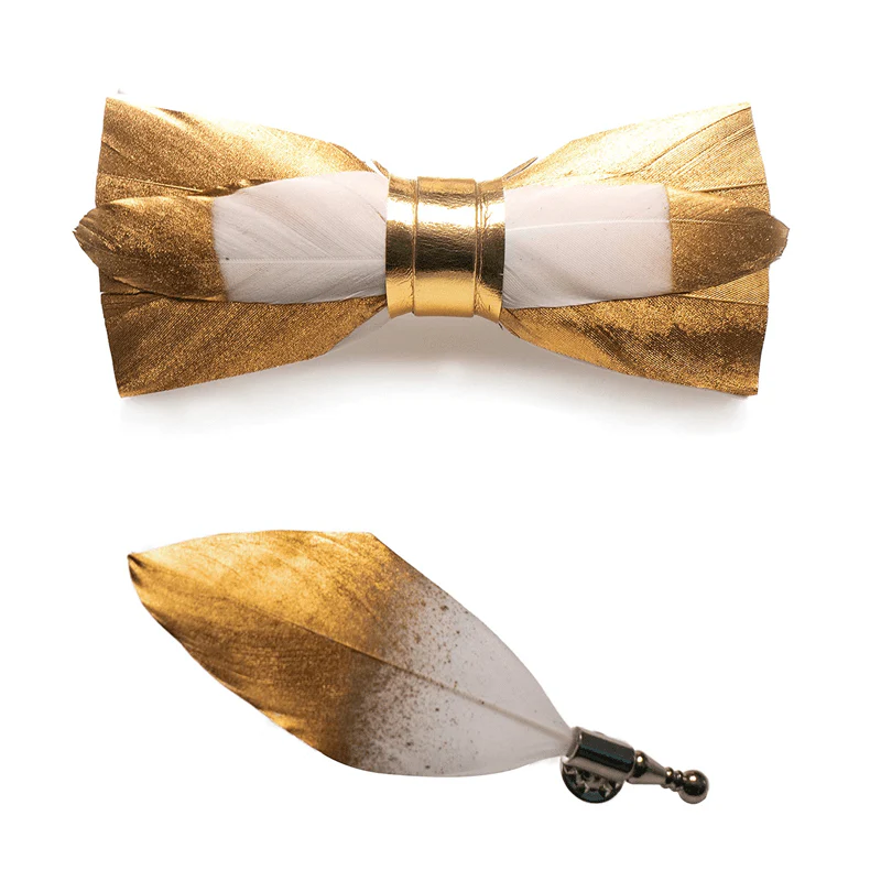 Kid's Gold & White Butterscotch Feather Bow Tie with Lapel Pin - Image 6