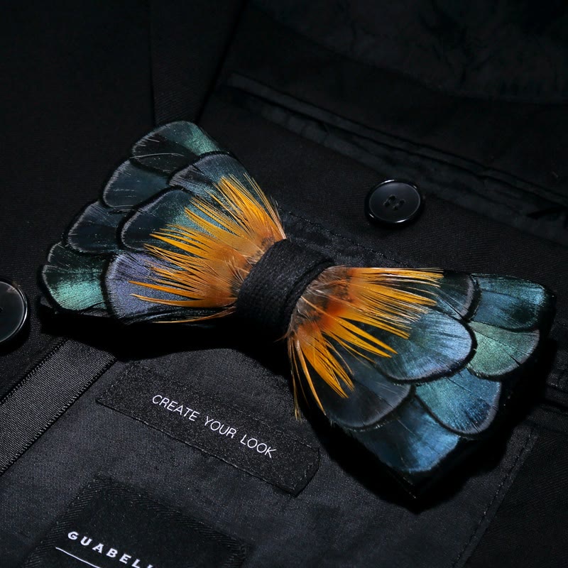 Kid's Green & Orange Sunflower Feather Bow Tie with Lapel Pin - Image 2