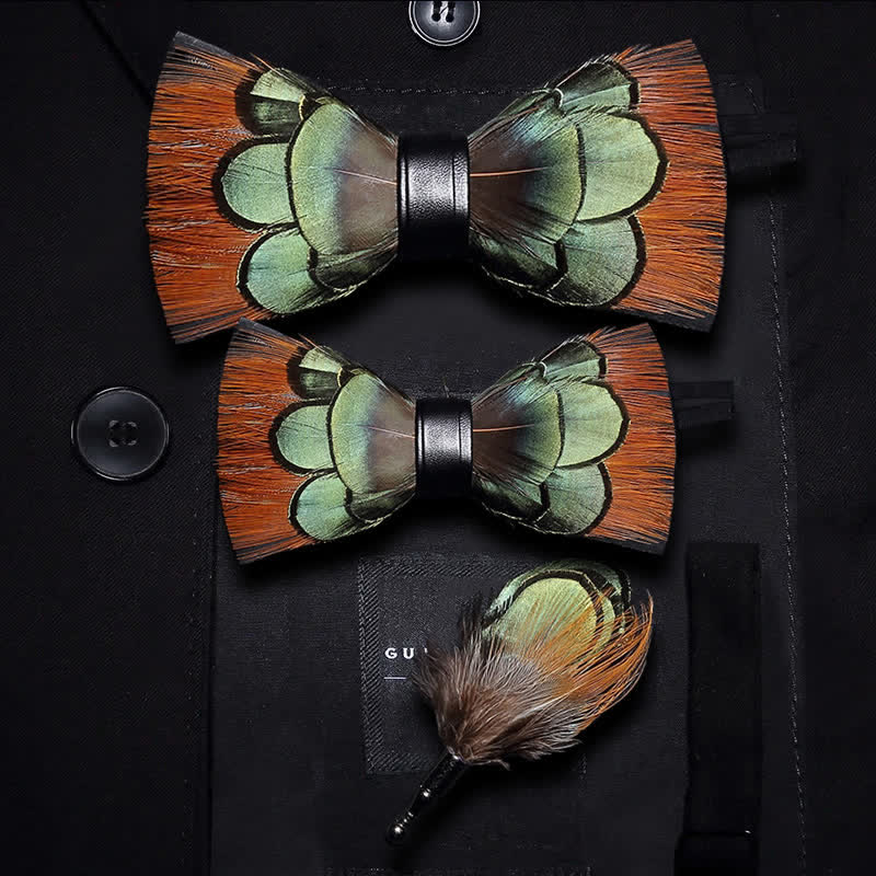 Kid's Lightgreen & Brown Feather Bow Tie - Image 5