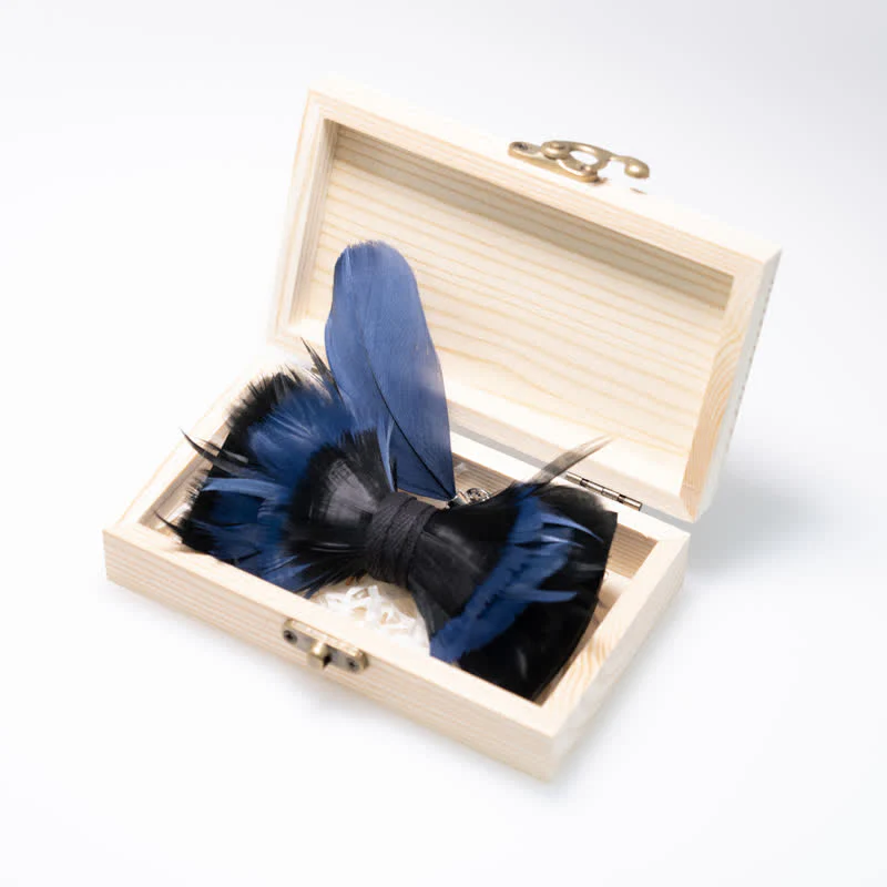 Kid's MidnightBlue & Black Feather Bow Tie with Lapel Pin - Image 3