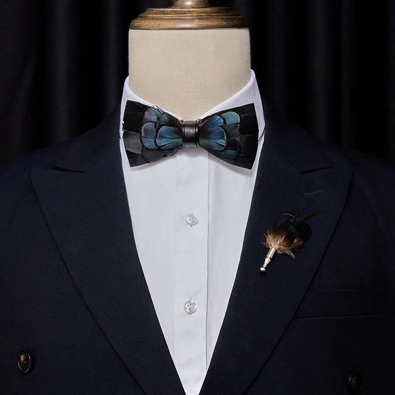 Kid's MidnightBlue Mysterious Feather Bow Tie with Lapel Pin - Image 2