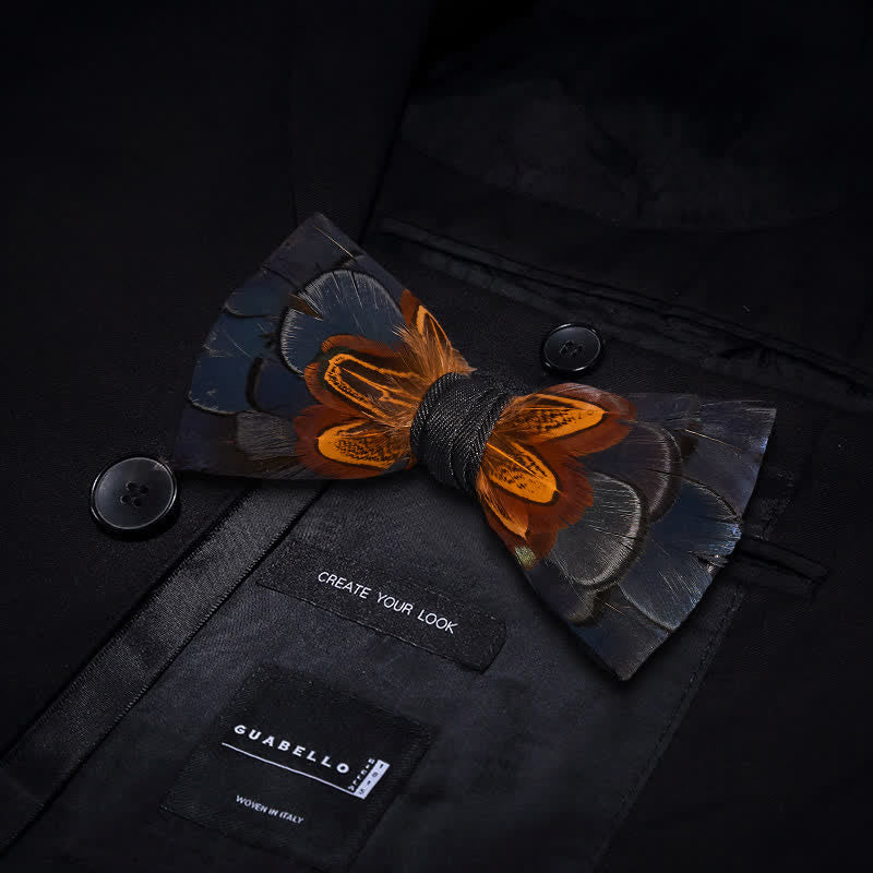 Kid's Navy & Rust Feather Bow Tie with Lapel Pin - Image 2