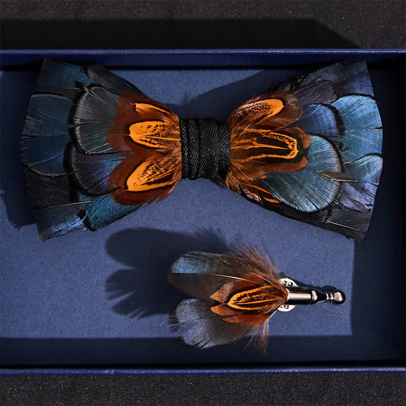 Kid's Navy & Rust Feather Bow Tie with Lapel Pin - Image 4