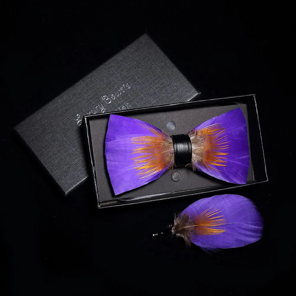 Kid's Purple & Orange Embellished Feather Bow Tie with Lapel Pin - Image 2
