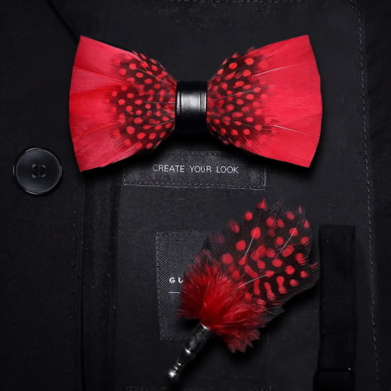 Kid's Red & Black Finch Feather Bow Tie with Lapel Pin - Image 3