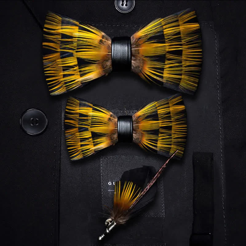 Kid's Yellow & Black Night Feather Bow Tie with Lapel Pin - Image 5