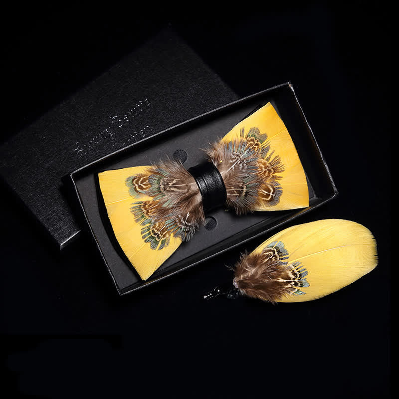 Kid's Yellow & Brown Pheasant Feather Bow Tie with Lapel Pin - Image 2
