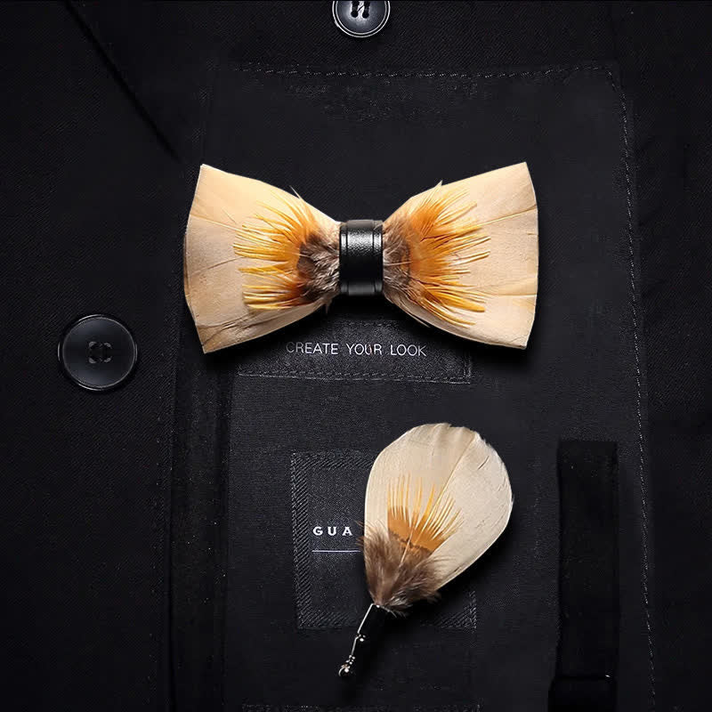Light Yellow Quiet Feather Bow Tie with Lapel Pin - Image 3