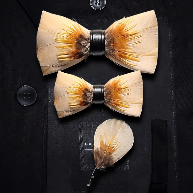 Light Yellow Quiet Feather Bow Tie with Lapel Pin - Image 4