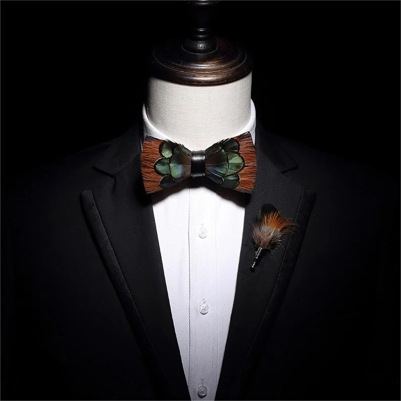Lightgreen & Brown Feather Bow Tie - Image 3