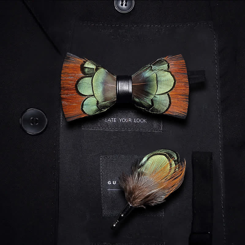 Lightgreen & Brown Feather Bow Tie - Image 5
