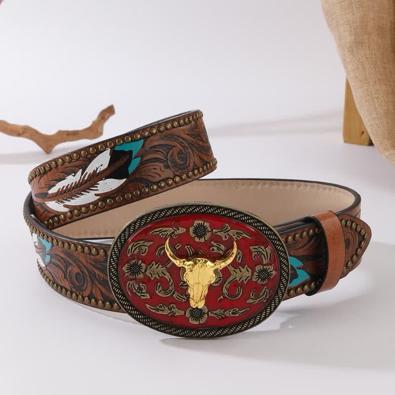 Longhorn Bull Dark Red Buckle Feather Rivet Leather Belt