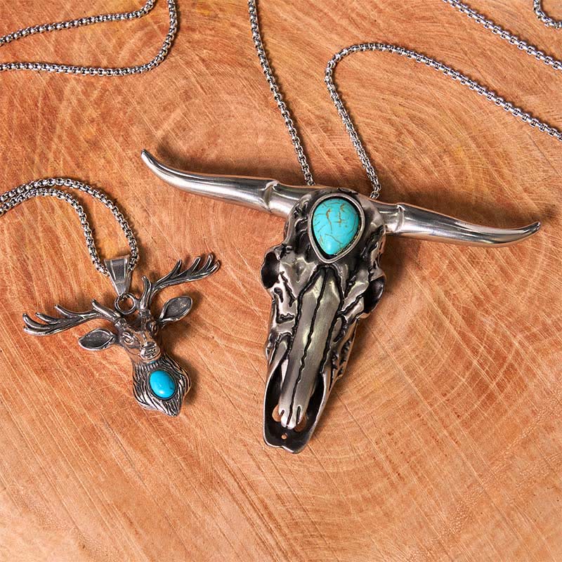 Longhorn Bull Pendant Turquoise Elk Head Necklace Bundle Set - Image 2