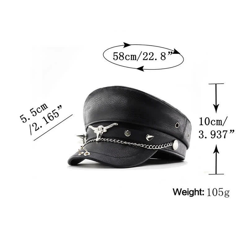 Longhorn Rivets Black Leather Beret Hat With Chain - Image 6
