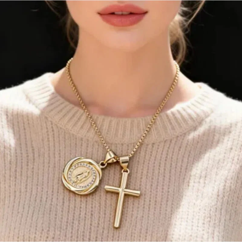 Lustrous Gold-Tone Metal Seal & Cross Dual-Pendant Necklace - Image 2