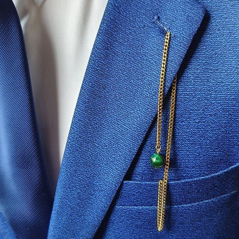 Men's 18K Gold-Plated Natural Stone Lapel Chain Suit Brooch with Hanging Chain - Image 3