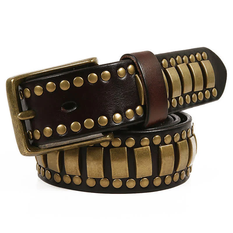 Men's Antique Gold Round Square Rivets Leather Belt - Image 2