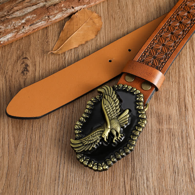 Men's Antique Gold Eagle Soaring Hawk Leather Belt - Image 17