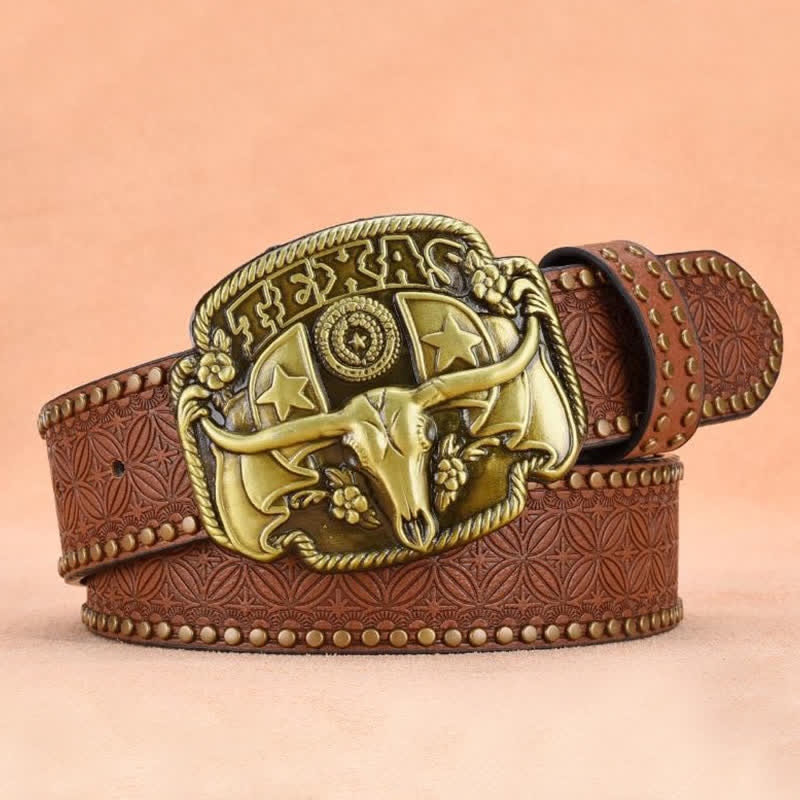 Men's Antique Longhorn Steer Rivet Leather Belt - Image 4