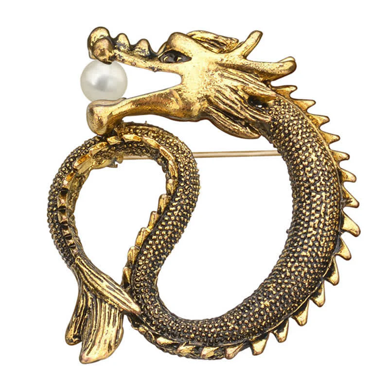 Men's Antique Tone Dragon Imitation Pearl Brooch - Image 2
