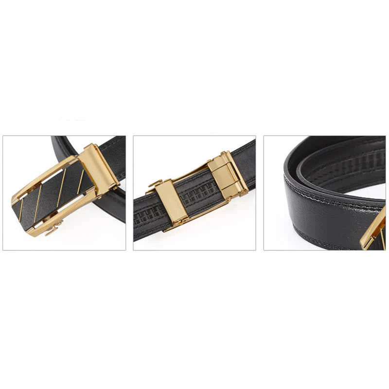Men's Black & Gold Line Automatic Buckle Leather Belt - Image 5