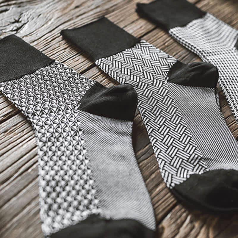 Men's Black Leisure Lattice Striped Crew Socks - Image 5