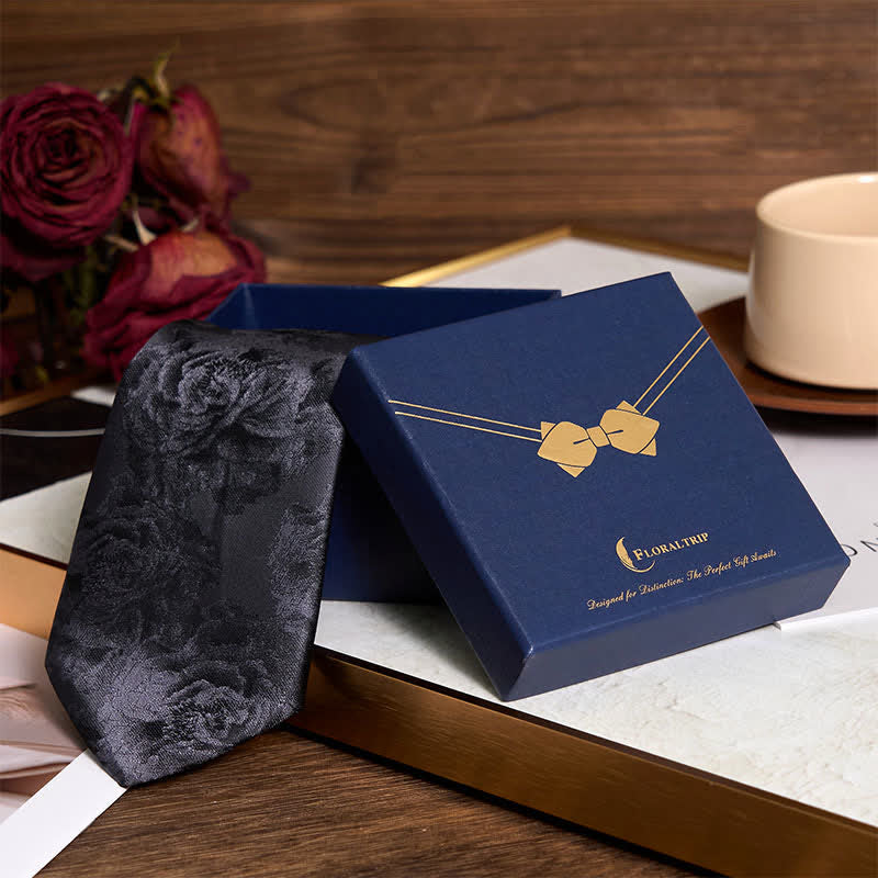Men's Black Peony Classic Flower Business Necktie Pocket Square - Image 2