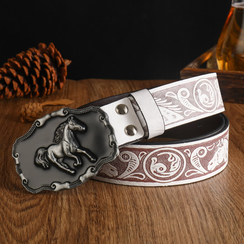 Men's Black Silver Running Horse Leather Belt - Image 10