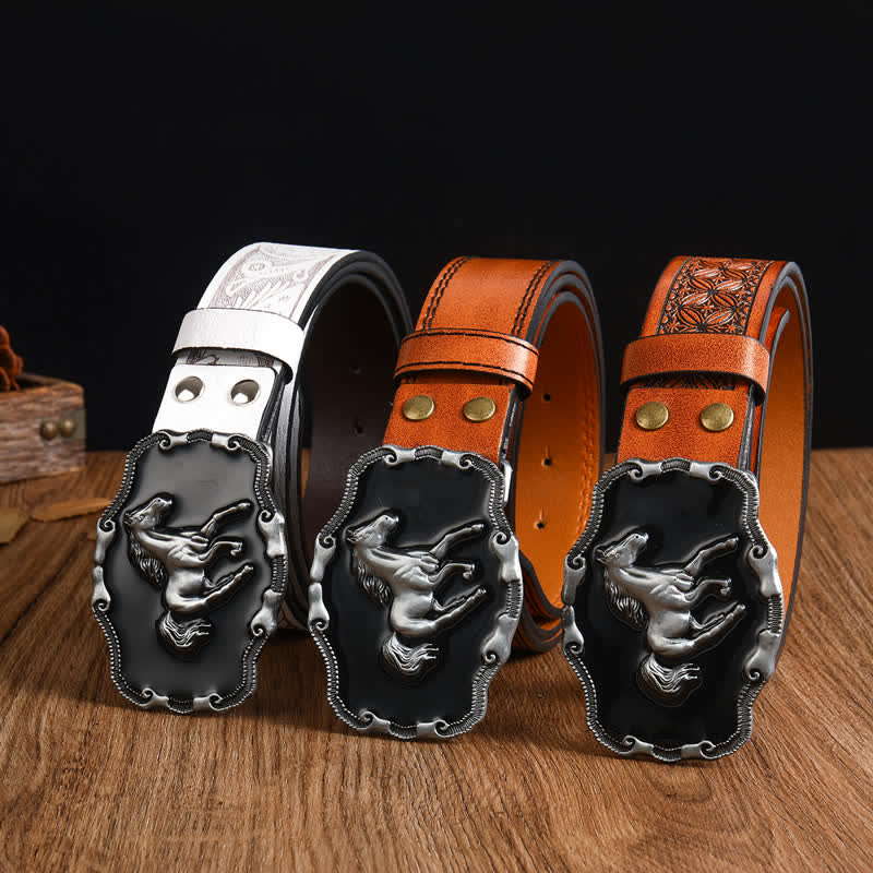 Men's Black Silver Running Horse Leather Belt - Image 2