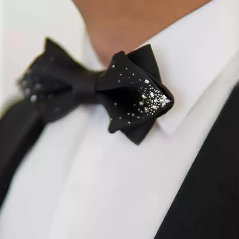 Men's Black Silver Wire Double Layers Pointy Bow Tie - Image 2