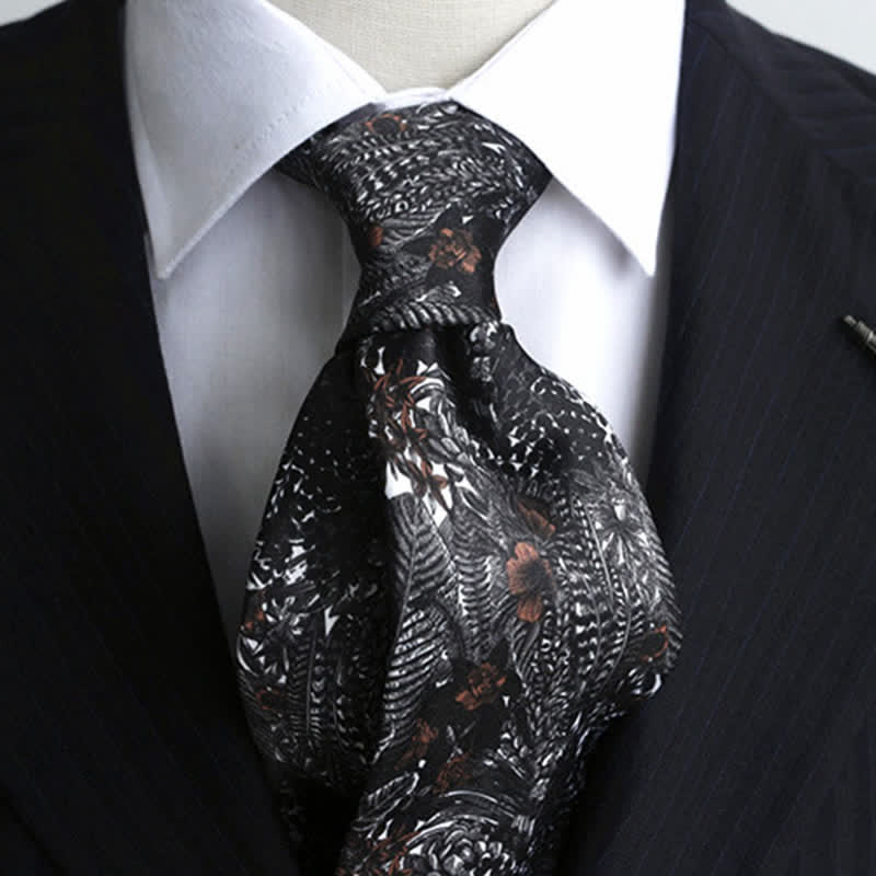 Men's Black Thistles & Dark Red Flowers Suit Necktie - Image 2