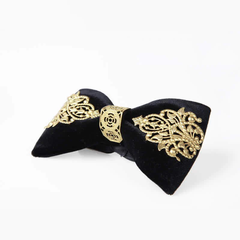 Men's Black Velvet Gold Embellished Bow Tie - Image 2