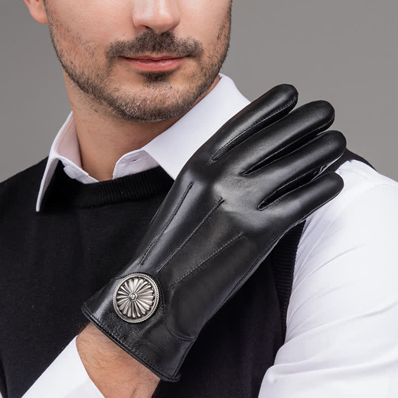 Men's Black Vintage Metal Emblem Genuine Leather Gloves - Image 9